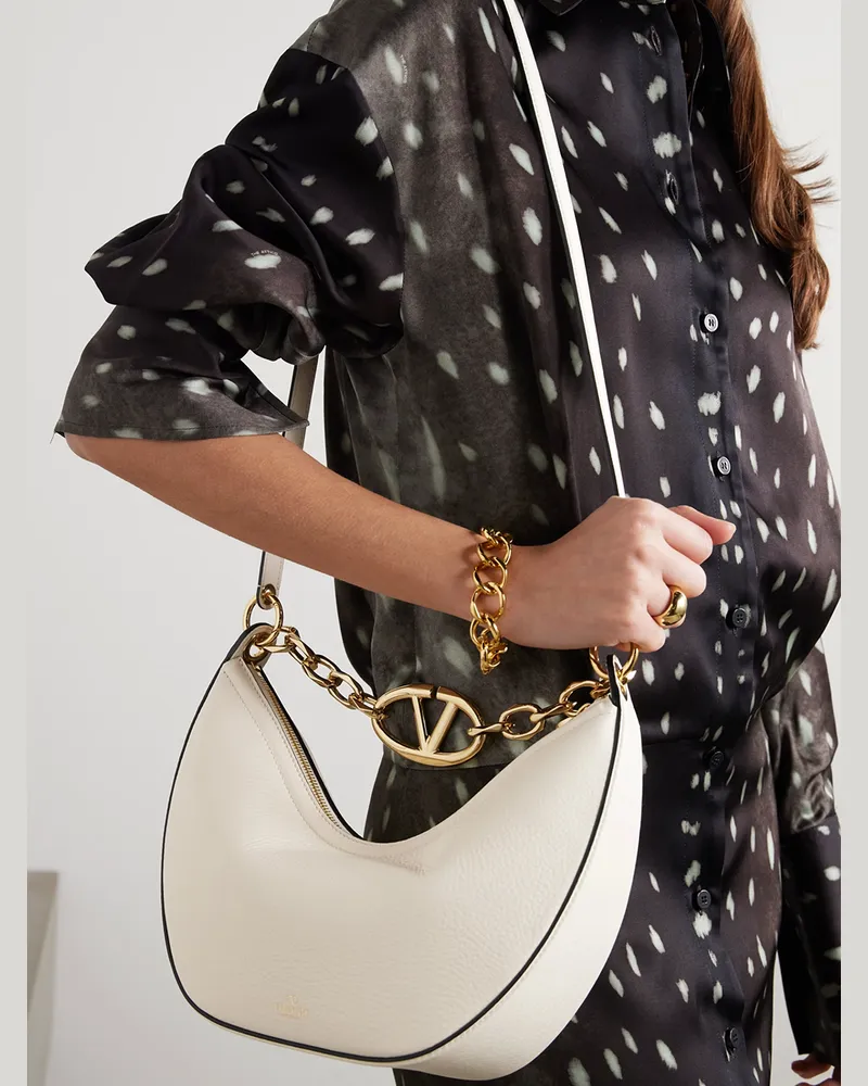 Valentino Garavani Women's Ivory Leather Small Hobo Vlogo Shoulder Bag Black White