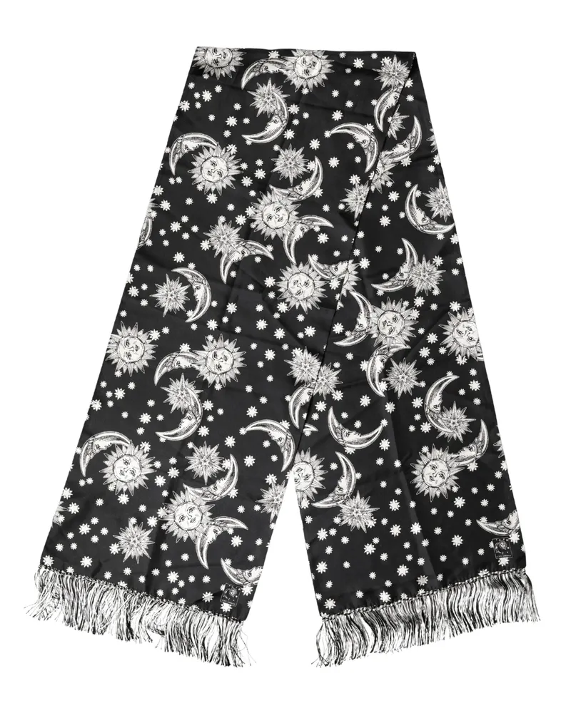 Dolce & Gabbana Men's Black Silk Sun Moon Star Fringe Foulard 178cm X 33cm Scarf And White Black