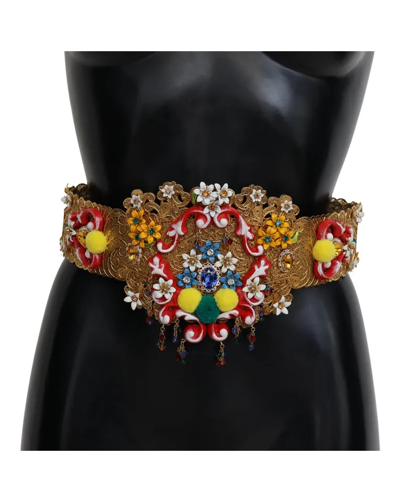 Dolce & Gabbana Women's Embellished Floral Crystal Wide Waist Carretto Belt Gold Nylon Gold