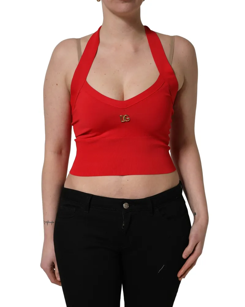 Dolce & Gabbana Women's Red Viscose Sleeveless Halter Crop Tank Top Nylon Polyester Pu Red