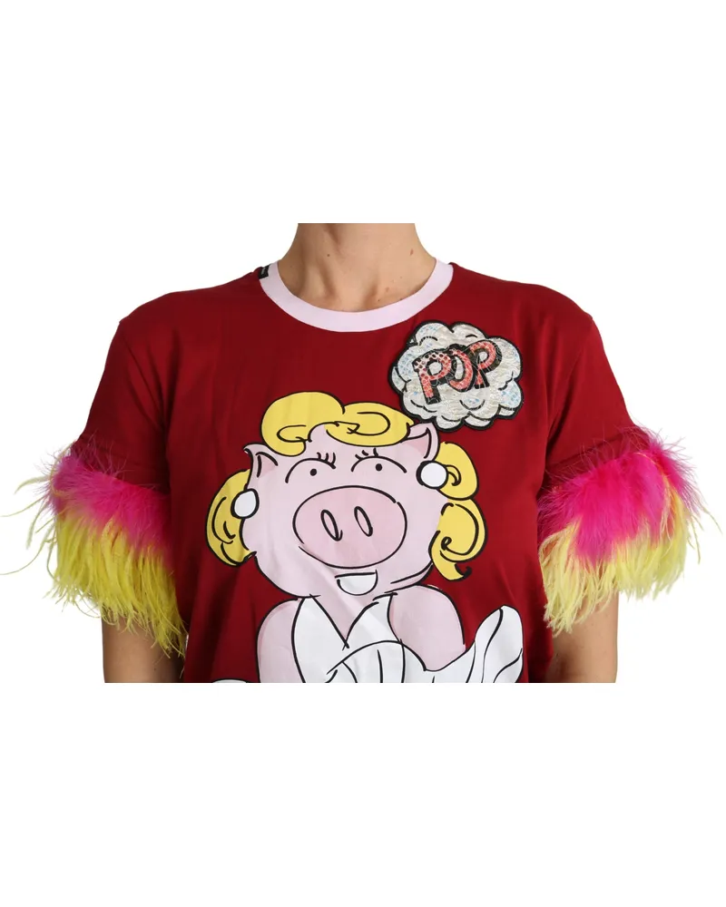 Dolce & Gabbana Women's Red Pig Print Feather Sleeves T-Shirt Top Cotton Red