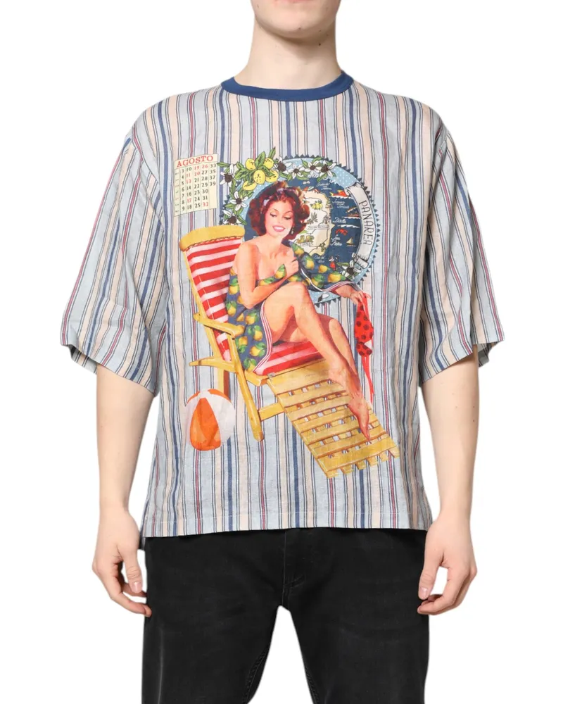 Dolce & Gabbana Men's Multicolor Striped Pin Up Linen Round Neck T-Shirt Flax Multicolor