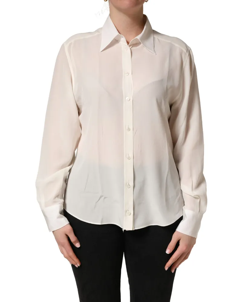 Dolce & Gabbana Women's Off White Collared Long Sleeves Blouse Top Silk White