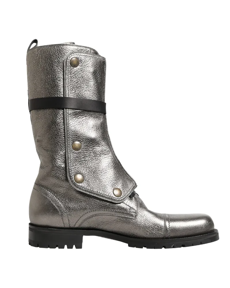 Dolce & Gabbana Men's Metallic Leather Buckle Combat Boots Shoes Silver Silver