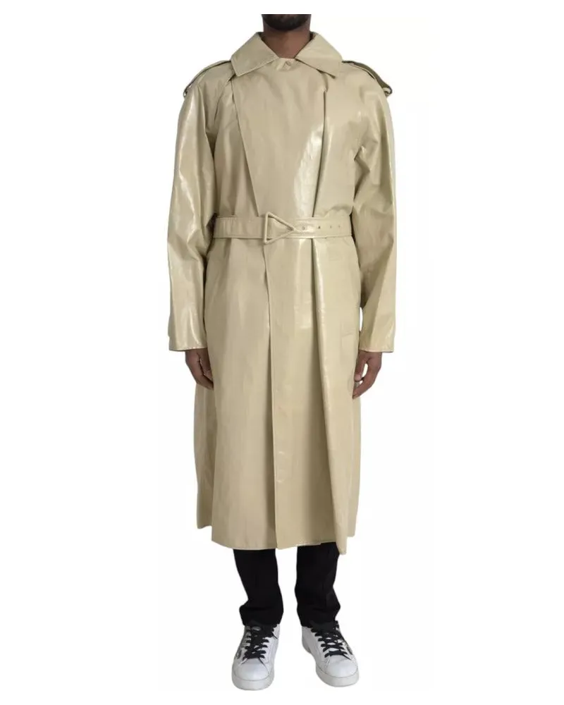Bottega Veneta Men's Beige Lambskin Leather Trench Coat Jacket Black Calf Clothing Beige