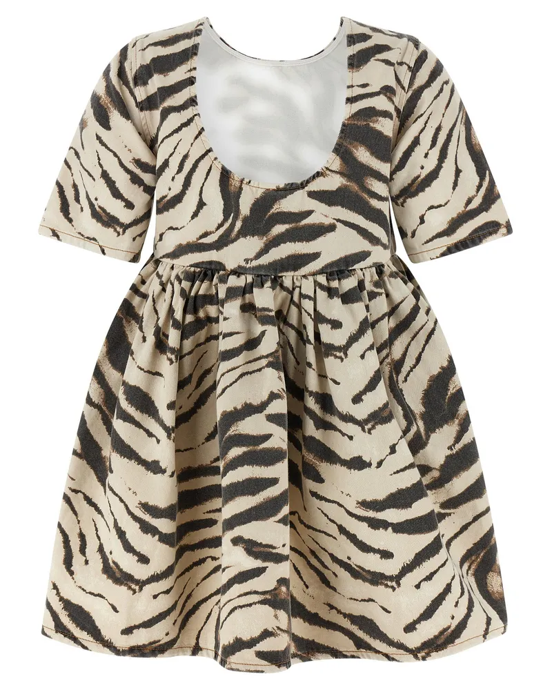 Ganni Zebra-Print Organic Cotton Denim Dress — Beige Beige