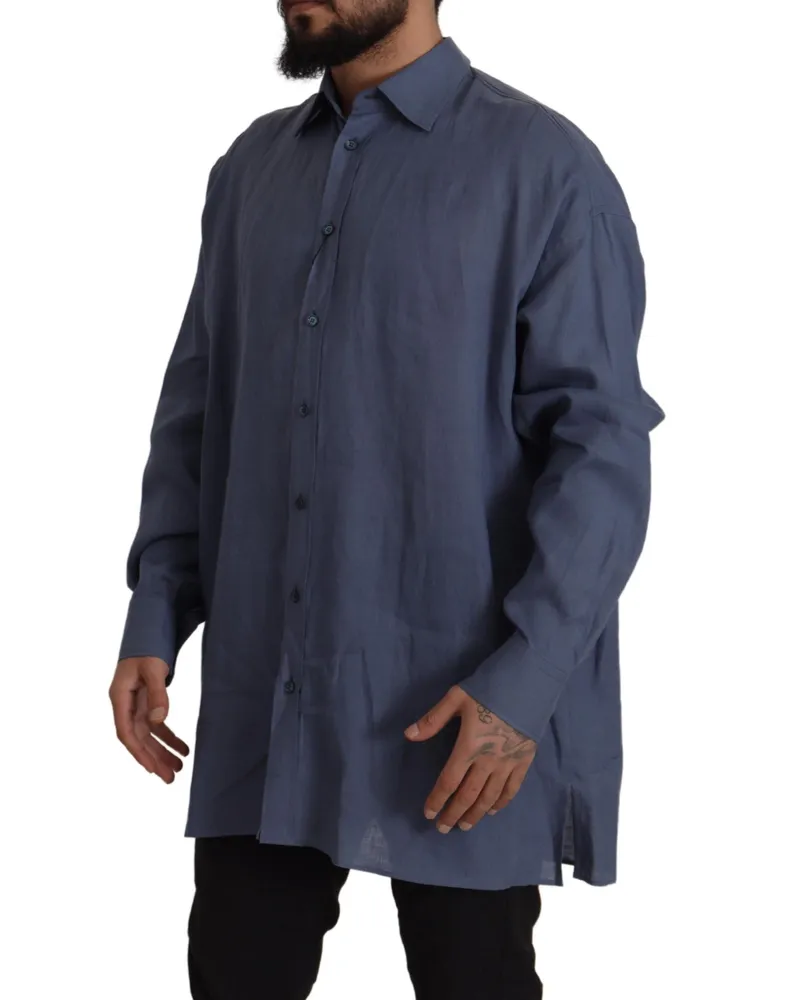 Dolce & Gabbana Dark Blue Linen Slim Fit Dress Formal Men Shirt Navy