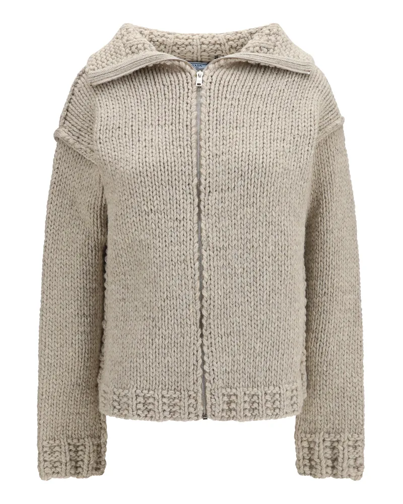 Prada Wool Chunky Knit with Hand-Embroidered Logo Cardigan — Ivory 