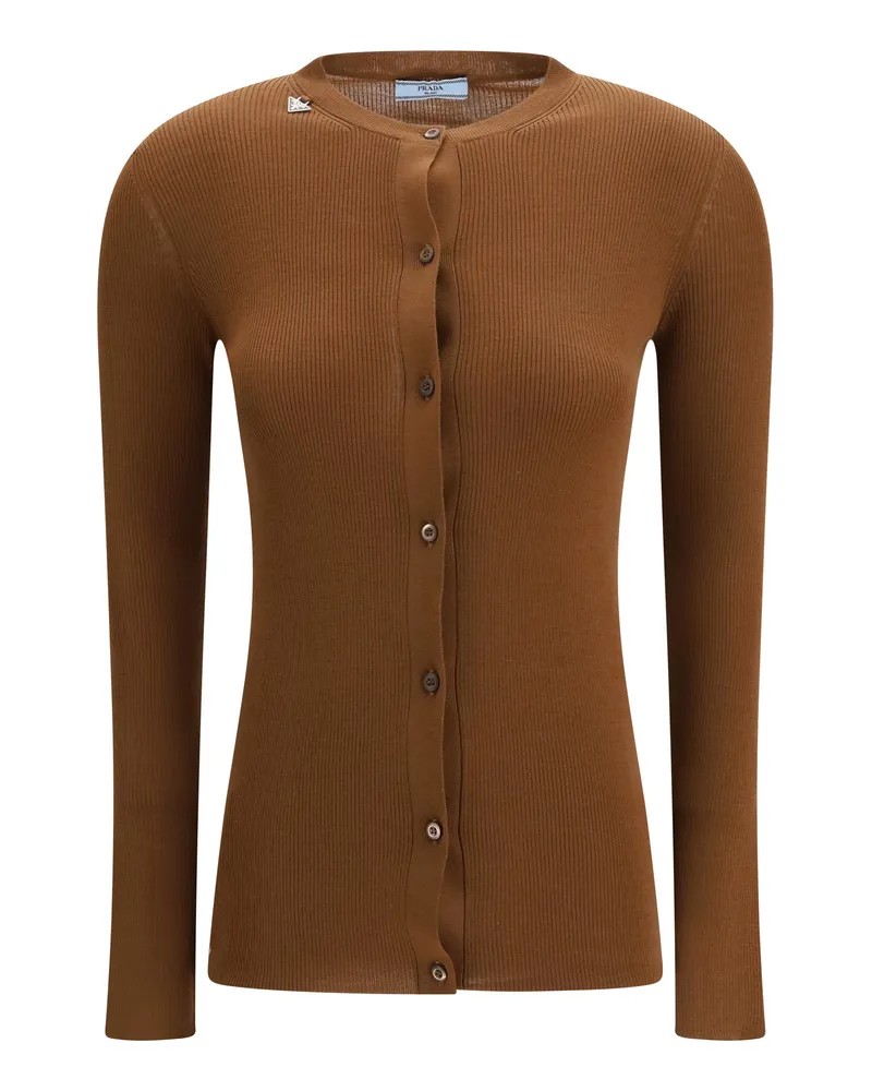 Prada Women's Cardigan Ribbed Wool Tobacco Fleece Sweater Brown