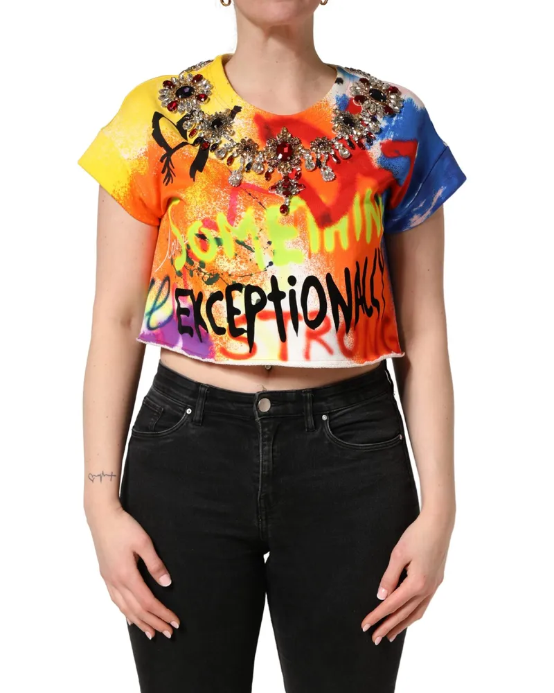 Dolce & Gabbana Women's Multicolor Graffiti Crystals Crop Jersey Top Cotton Multicolor