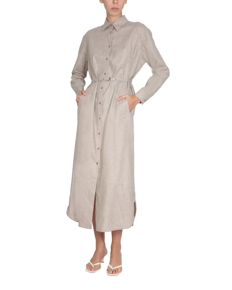ASPESI Virgin Wool Blend Shirt Dress — Beige Beige