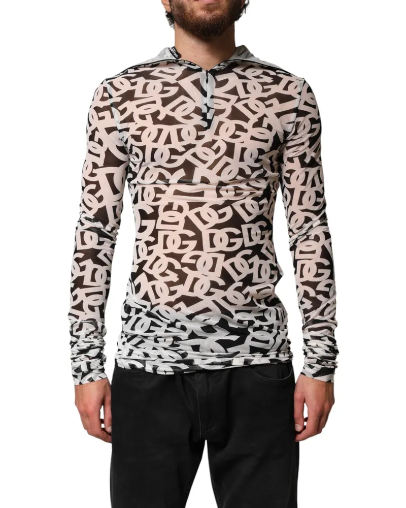 Dolce & Gabbana Men's White Dg Logo Long Sleeves Turtleneck Top Black And 08+pa Multicolor