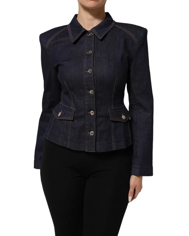 Dolce & Gabbana Women Dark Blue Cotton Collared Denim Coat Jacket Co+02+elastomultyester Clothing Navy