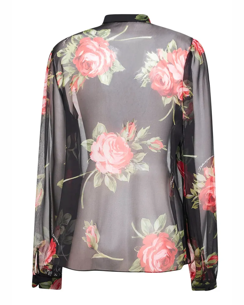 Dolce & Gabbana Women's Black Rose Bouquet-Print Silk Chiffon Top Shirt Multicolor