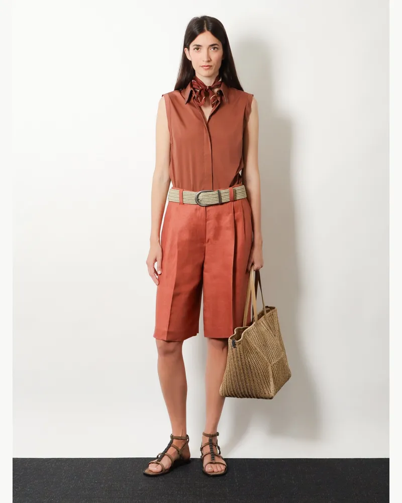 Brunello Cucinelli Women's Shorts With Monili Detail Orange Linen Orange