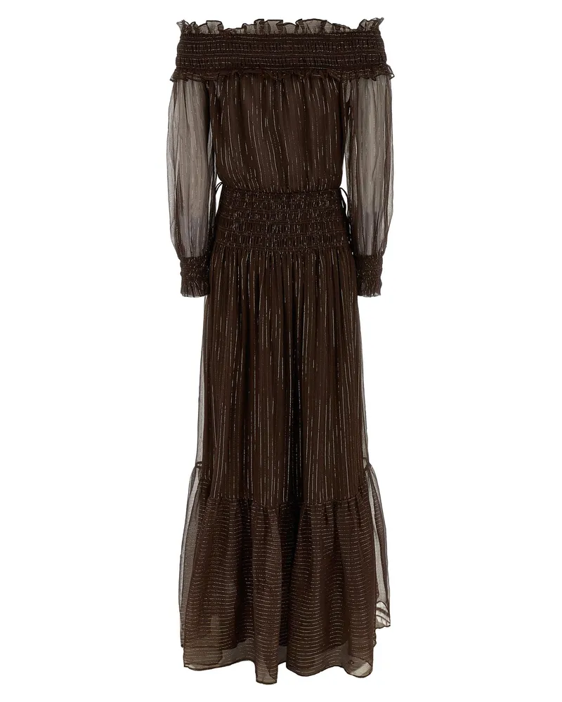 Self-Portrait Off-Shoulder Georgette with Lamé Dress — Brown Brown
