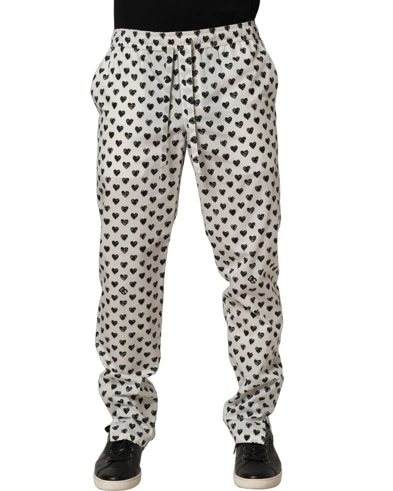 Dolce & Gabbana White Graphic Heart Print Men Trousers Pants Cotton Elastane White