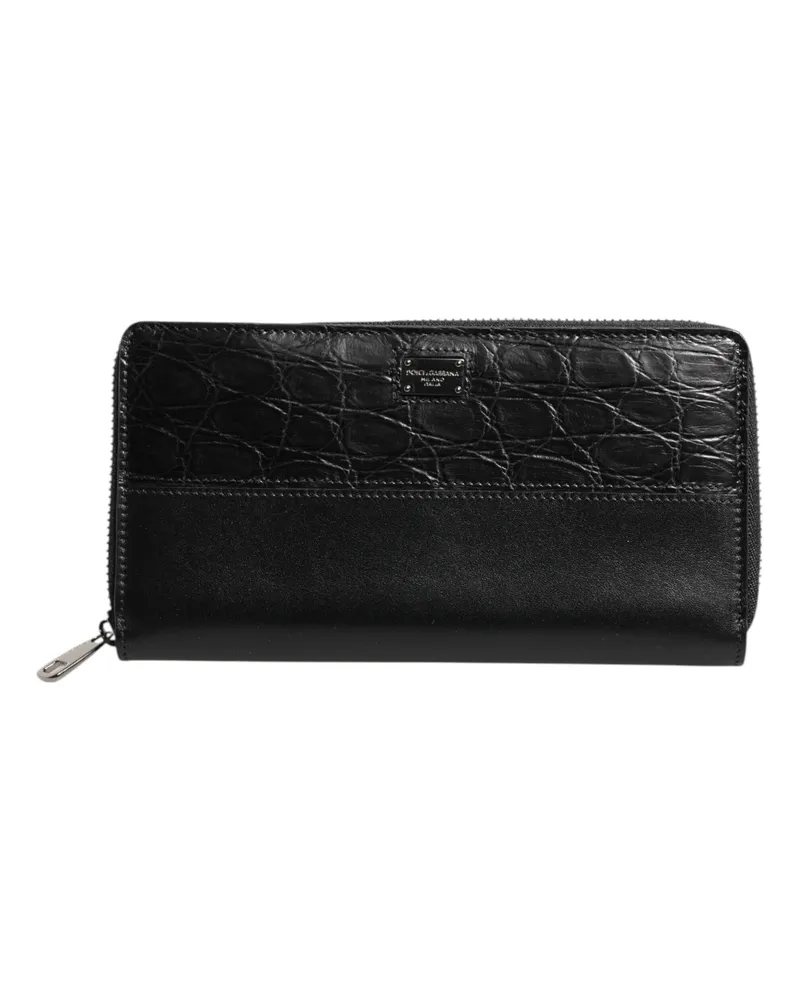 Dolce & Gabbana Men's Black Leather Logo Plaque Zip Around Continental Wallet Calf Caiman Black