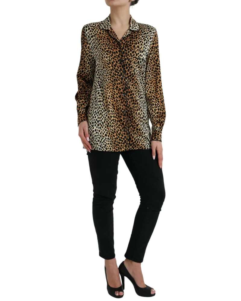 Dolce & Gabbana Women Brown Leopard Print Long Sleeves Blouse Top Silk Elastane Brown