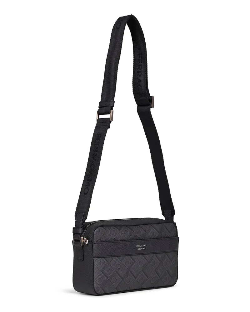Ferragamo Men's Crossbody Bag Monogram Black-Grey Polyurethane Shoulder Black