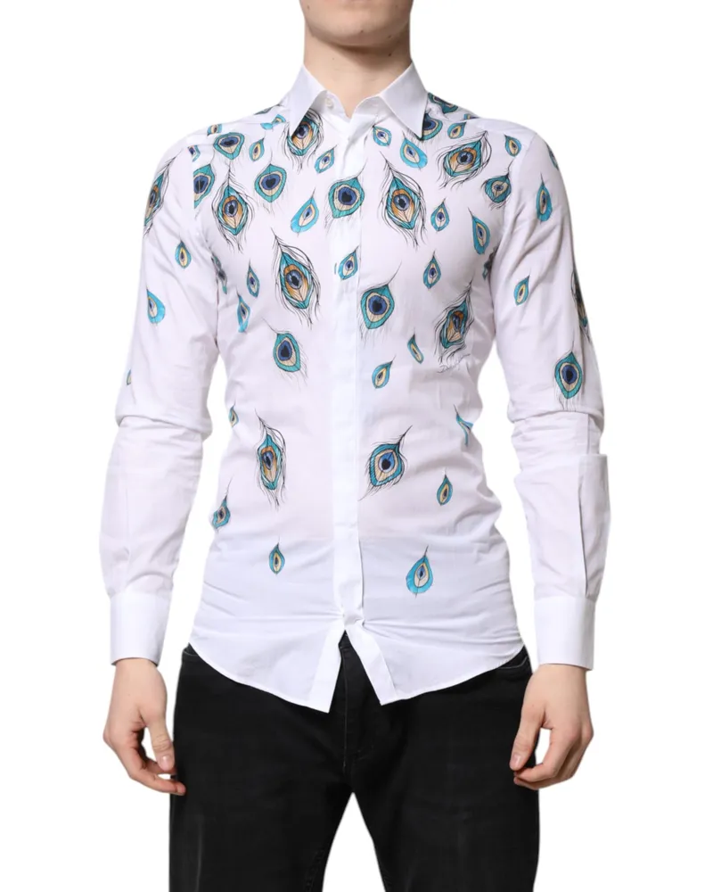Dolce & Gabbana Men's White Cotton Feather Print Gold Dress Shirt White
