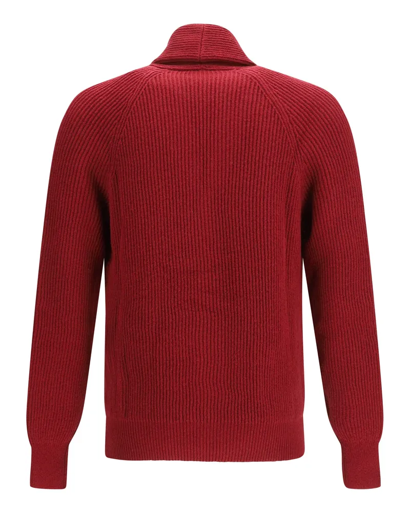 Brunello Cucinelli Men's Ribbed Cardigan Ciliegia Cotton Sweater Red
