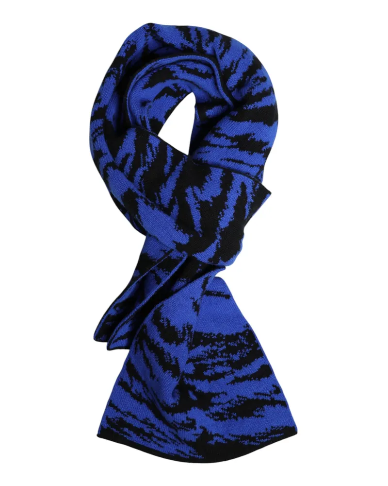 Dolce & Gabbana Men's Blue Black Logo Neck Warmer Wrap Shawl Scarf And Virgin Wool Blue