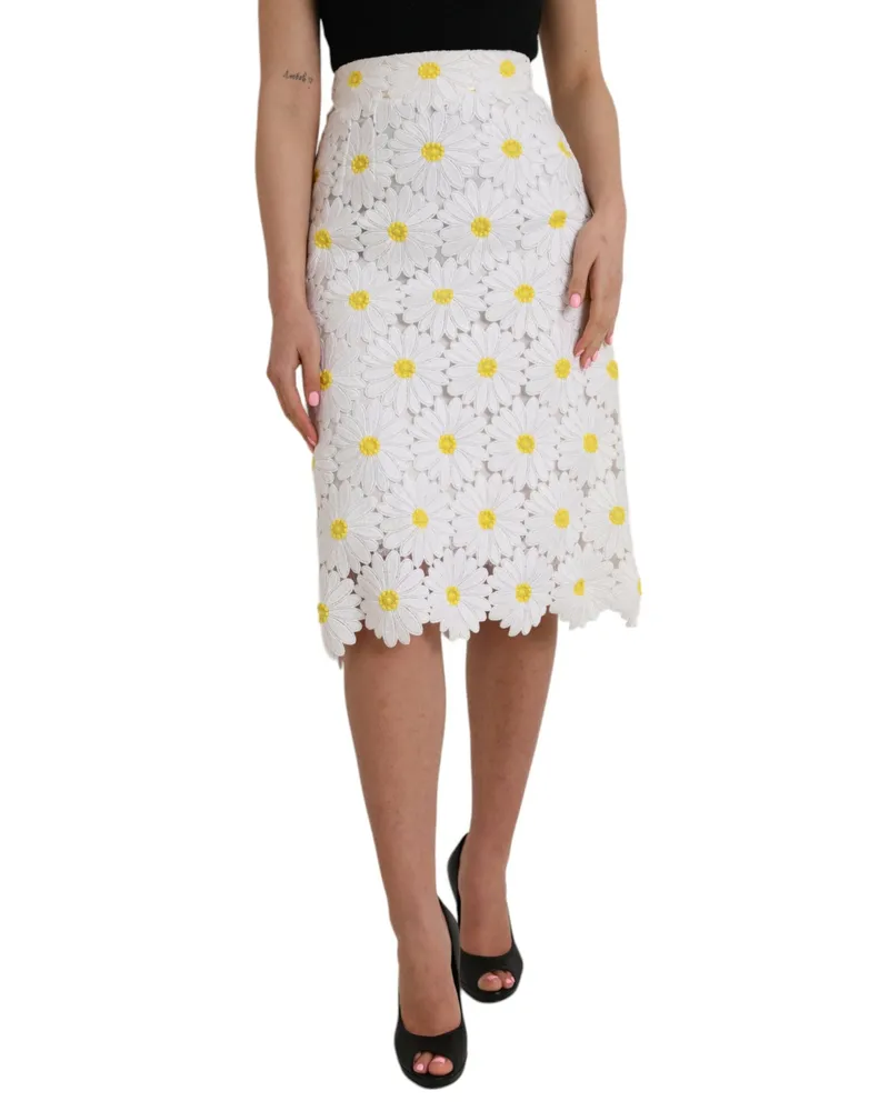 Dolce & Gabbana Women's White Floral Pencil Straight Lace Skirt Cotton Polyester Nylon White