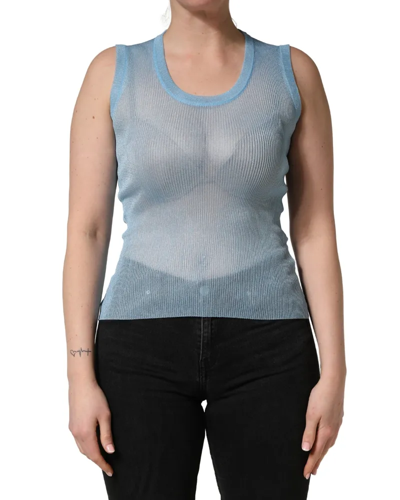 Dolce & Gabbana Women's Blue Semi Sheer Ribbed Sleeveless Tank Top Polyester Blue