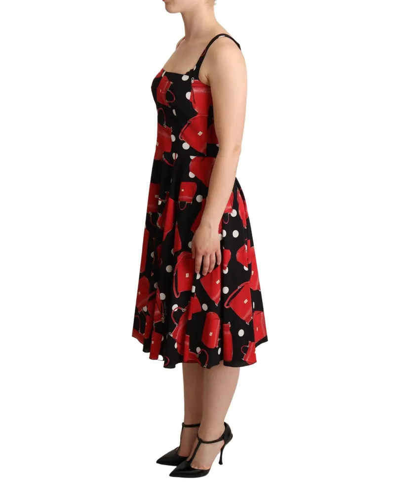 Dolce & Gabbana Women Black Red Bag Print A-Line Mid Length Dress Silk Elastane Black