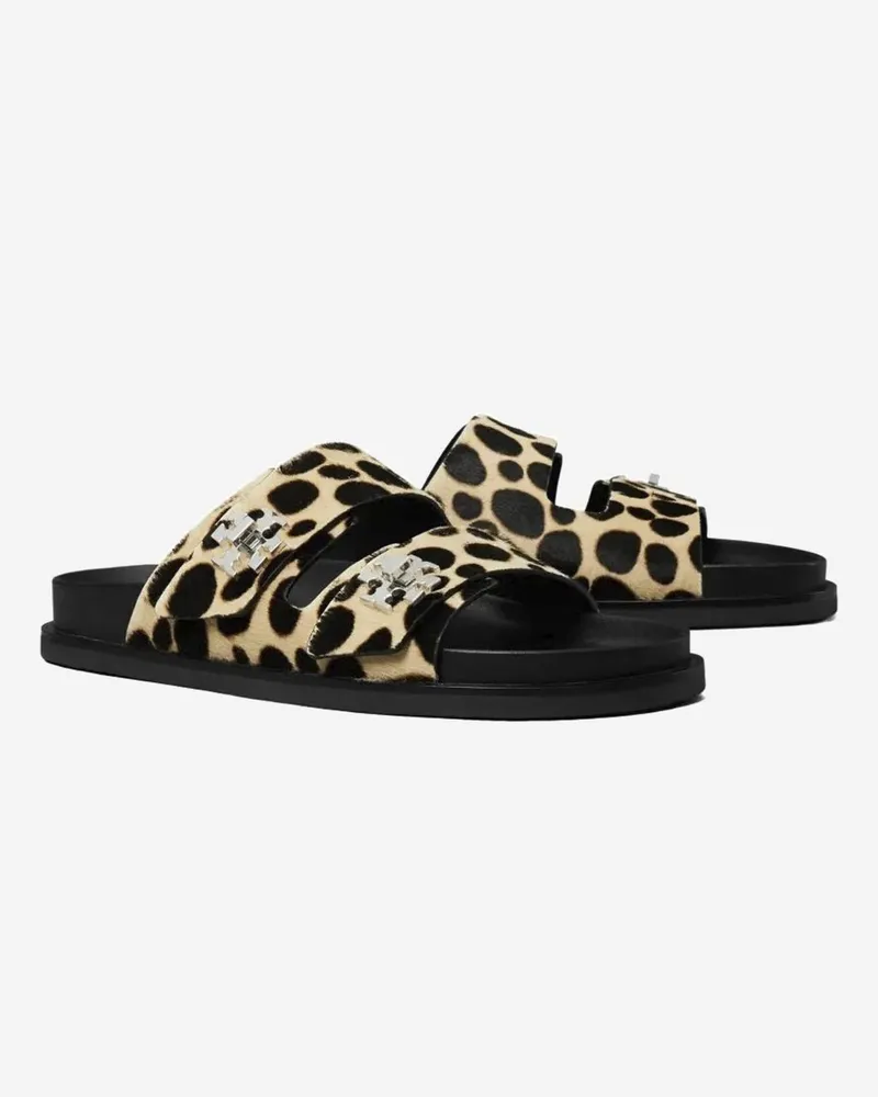 Tory Burch Women's Slider Sandals With Leopard Pattern Leather Slippers Flat Shoes Multicolor