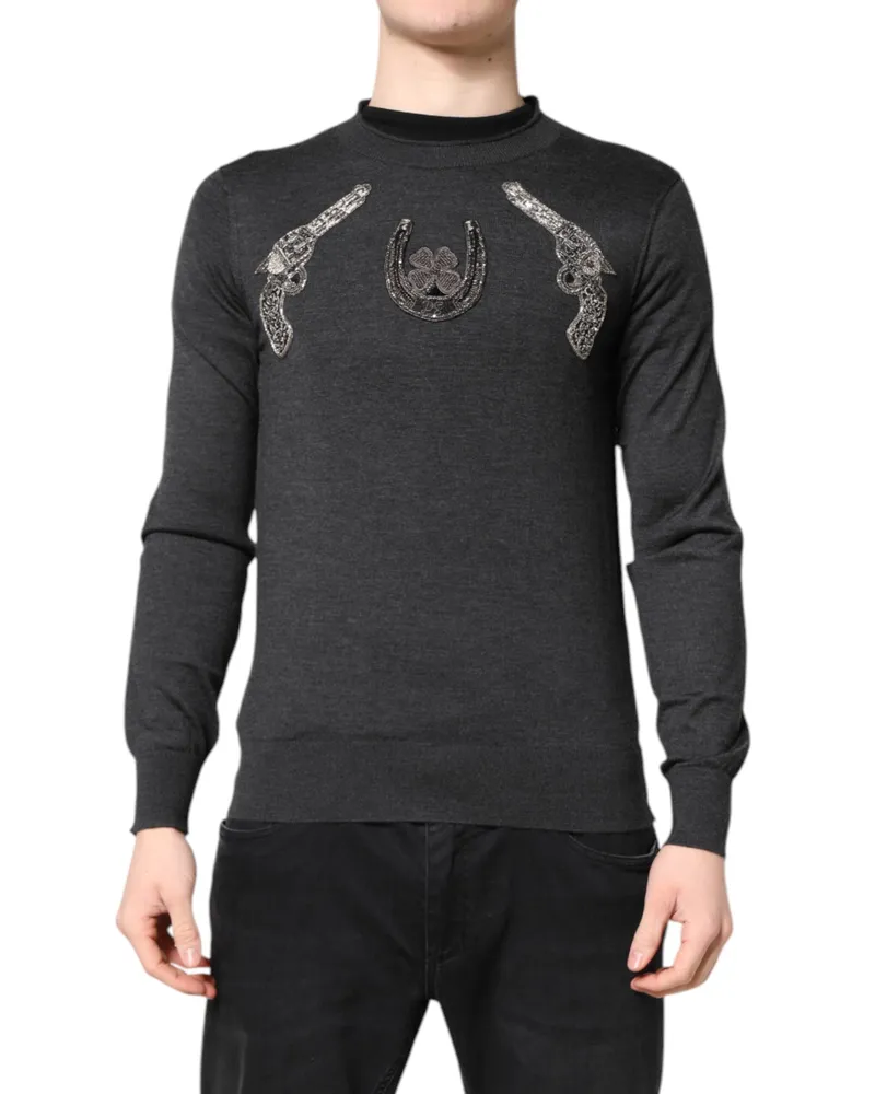Dolce & Gabbana Gray Embroidery Knit Men Pullover Sweater Cashmere Clothing Gray