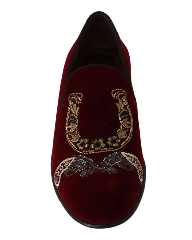 Dolce & Gabbana Men's Bordeaux Velvet Loafers Gun Horseshoe Shoes Cotton Red