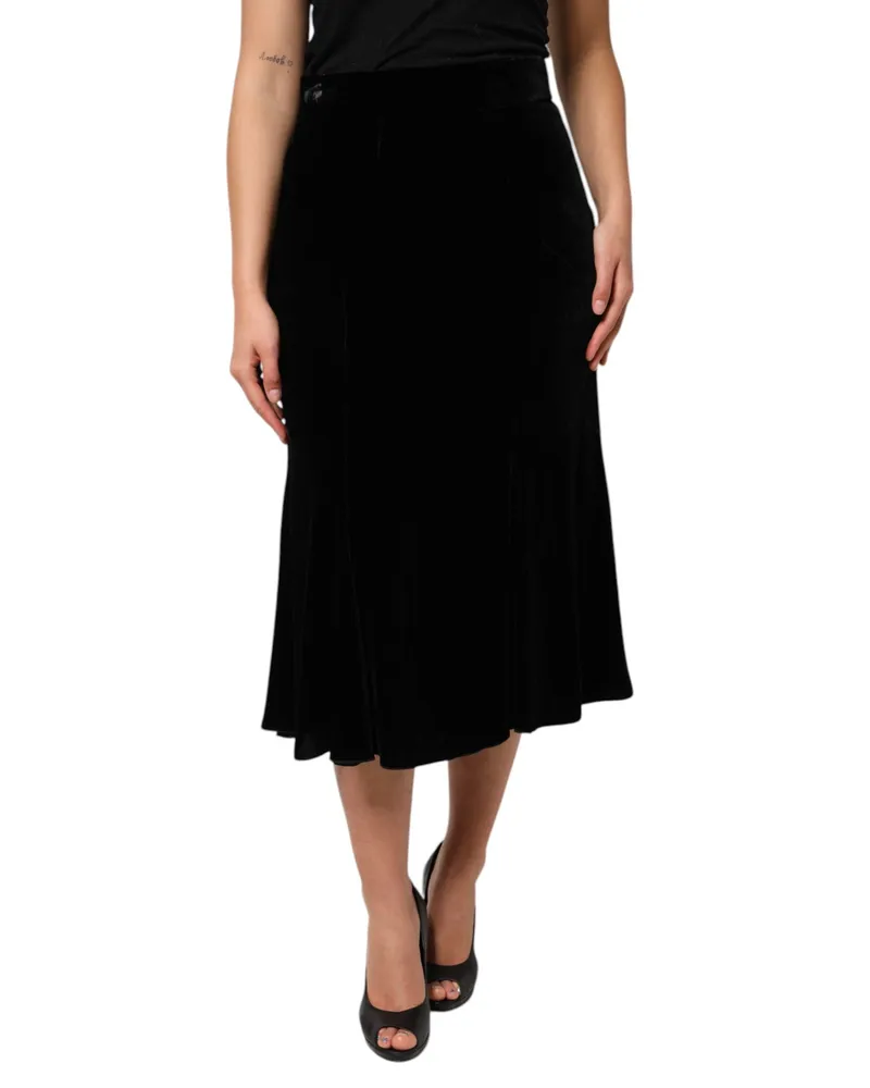 Dolce & Gabbana Women's Black High Waist Fit Flared Midi Skirt Viscose Silk Black