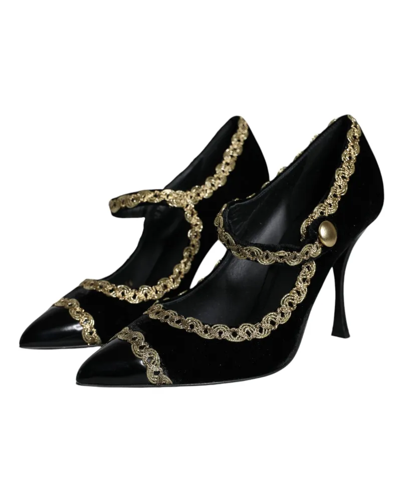 Dolce & Gabbana Women's Black Mary Janes Velvet Gold Pumps Shoes Black