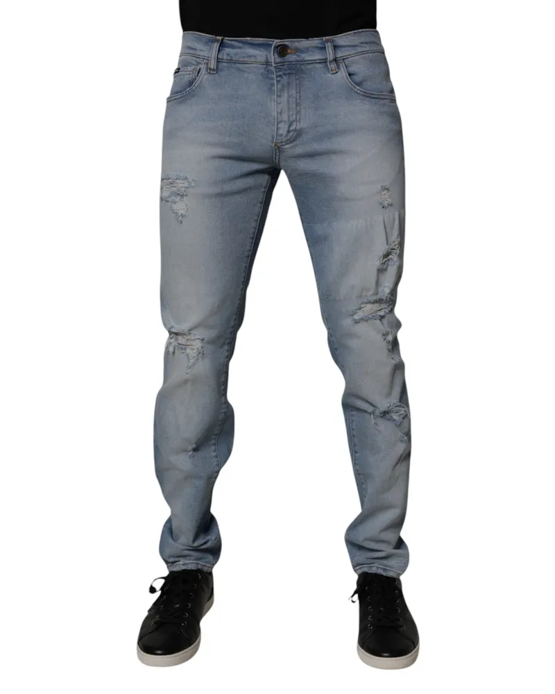 Dolce & Gabbana Blue Tattered Cotton Skinny Men Denim Jeans Elastane Clothing Blue