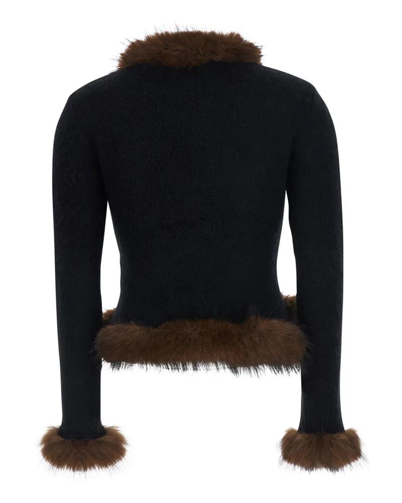 Self-Portrait Faux Fur-Trimmed Cardigan — Black Black