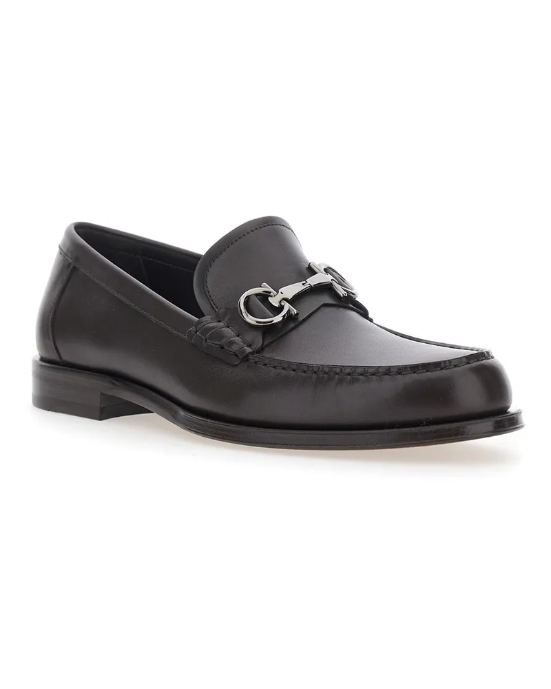 Ferragamo Men's Loafers With Gancini Detail, Brown Leather Calf Brown