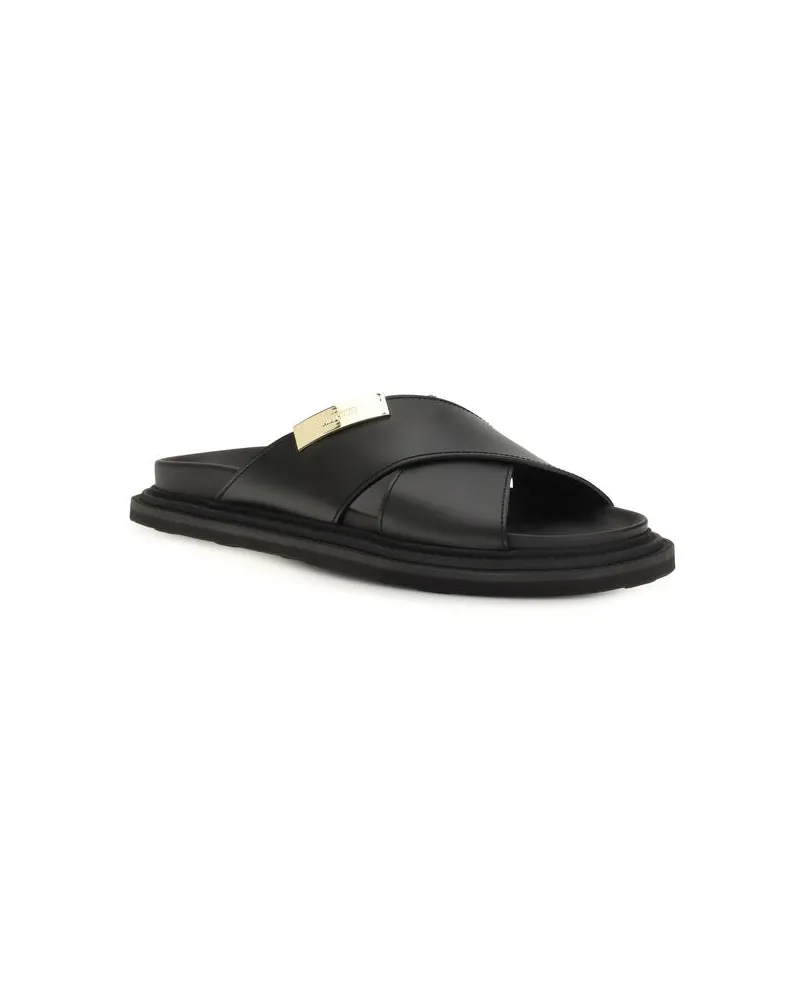 Moschino Men's Black Calf Leather Bos Taurus Flat Sandals Black