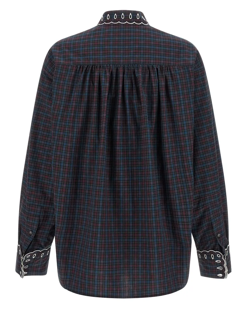 Marni Tartan Cotton Poplin with Sangallo Embroidery Blouse — Blue Blue