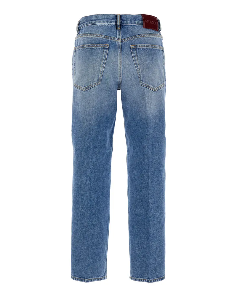 Gucci Women's Blue Jeans With Logo Patch And Faded Effect Fabric Blue