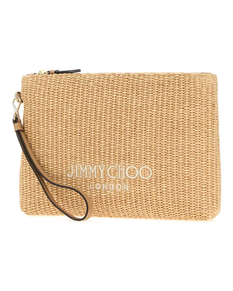 Jimmy Choo Zipped Flat Pouch Raffia Clutch — Beige Beige