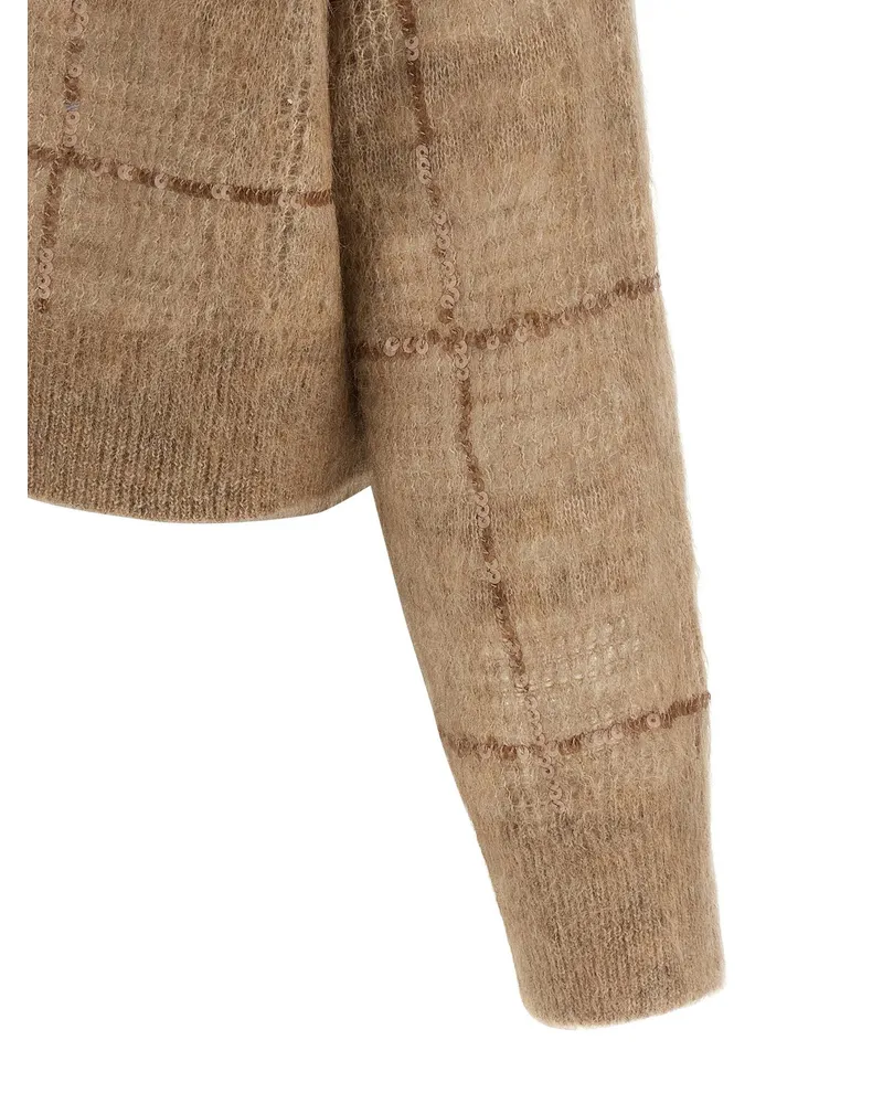 Brunello Cucinelli Sequin-Embroidered Check Sweater — Beige Beige