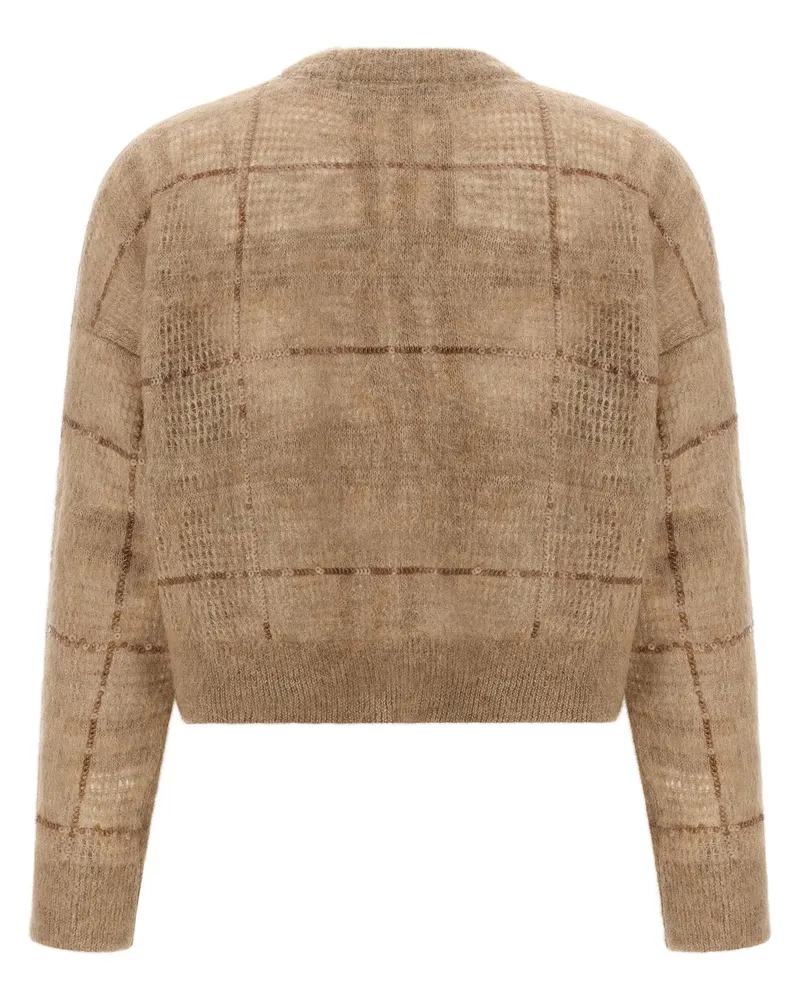 Brunello Cucinelli Sequin-Embroidered Check Sweater — Beige Beige