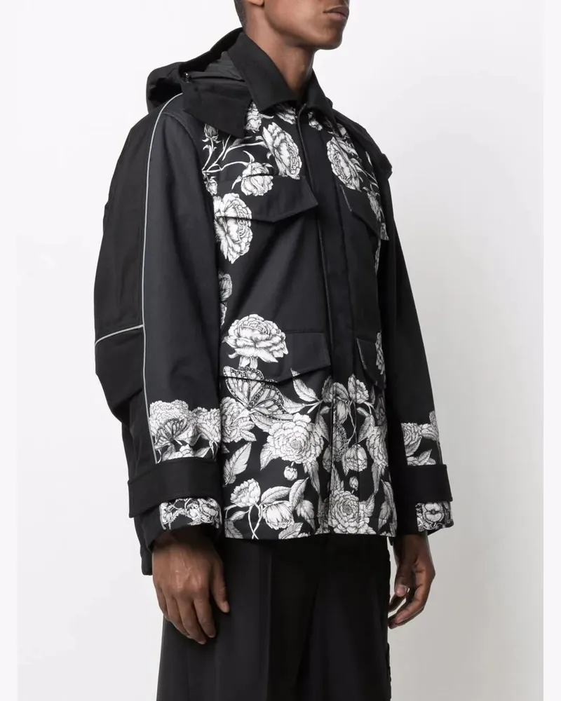 Valentino Garavani Men's Garavani Dark Blooming-Print Hooded Jacket Black Clothing Black