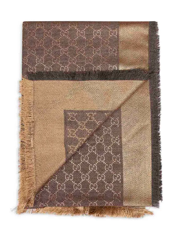 Gucci Women's Brown And Beige Gg Silk Wool Shawl Scarf Scarfs Brown