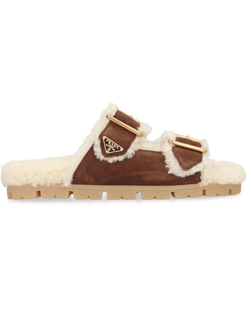 Prada Women's Suede Slippers With Metallic Logo Brown Calf Sandal Brown