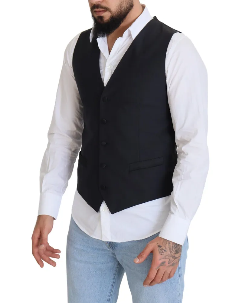 Dolce & Gabbana Men's Black Wool Stretch Waistcoat Formal Vest Clothing Black