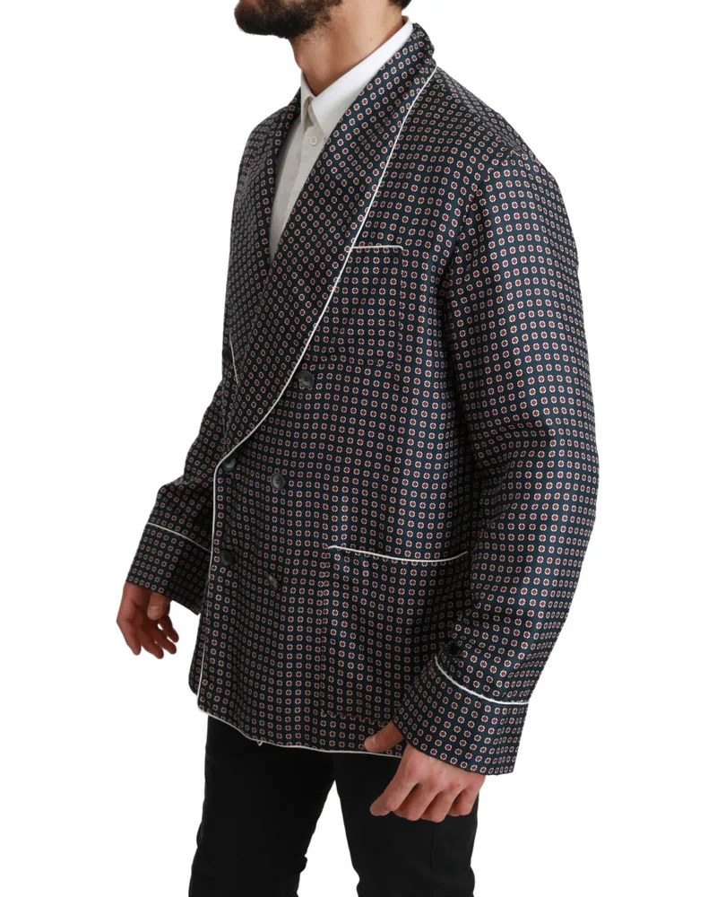 Dolce & Gabbana Silk Geometric-Patterned Double-Breasted Blazer — Navy Navy