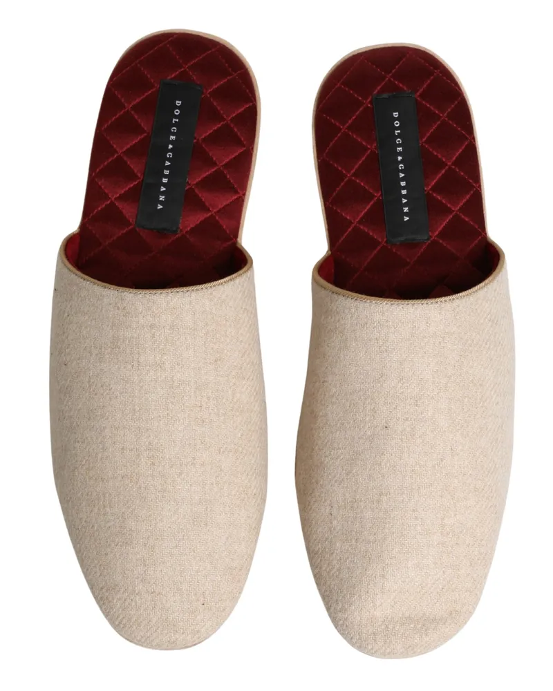 Dolce & Gabbana Men's Beige Shetland Wool Red Quilted Slippers Shoes Beige